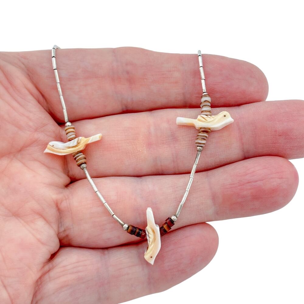 Vintage Sterling Silver 925 Liquid Silver Shell Bird Necklace 14.5"